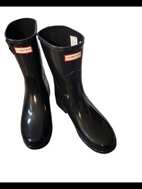 Black Gloss Short Rain Boots Waterproof Wellies Hunter
